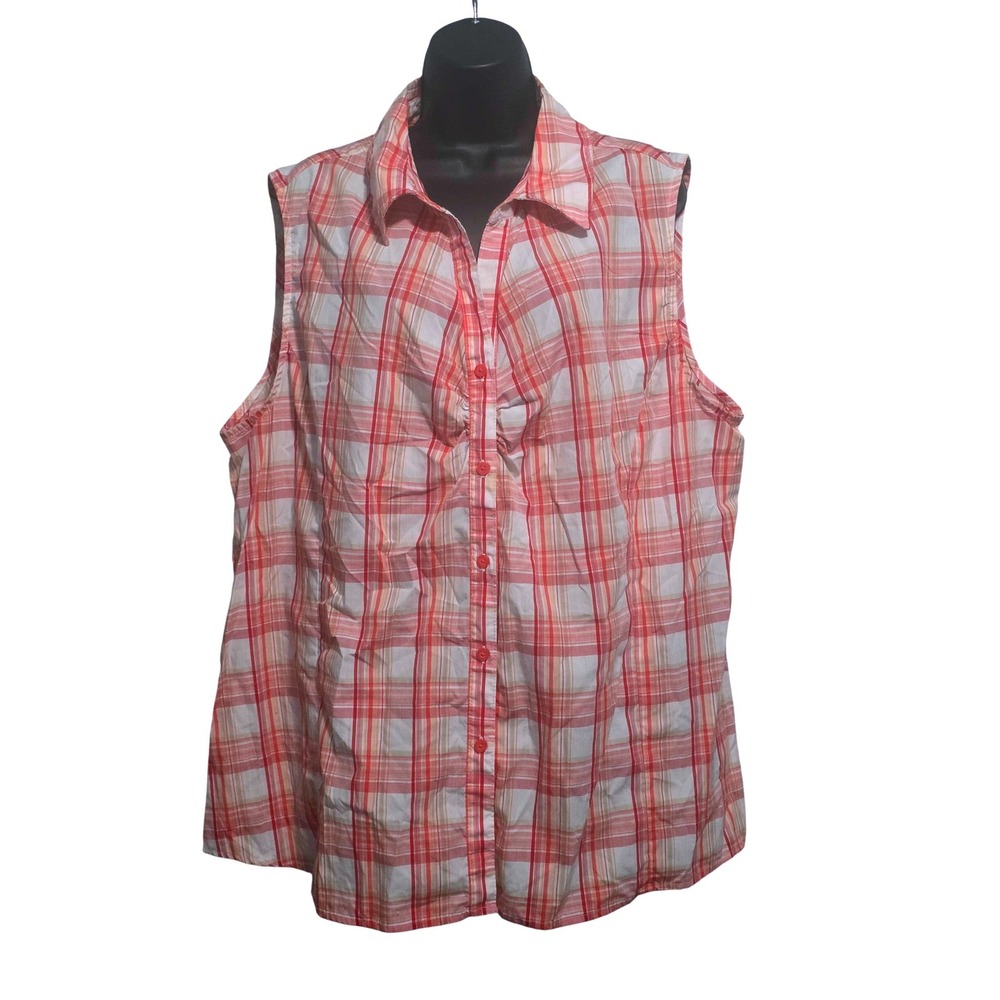White Stag Women 3X Paradise Pink Plaid Sleeveless Ruched Button Down Shirt